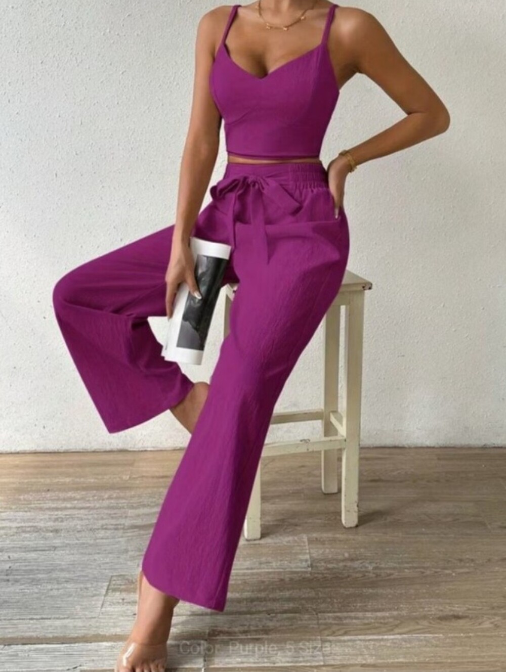 Ladies Purple Wide-Leg Tie-Waist Pants Set